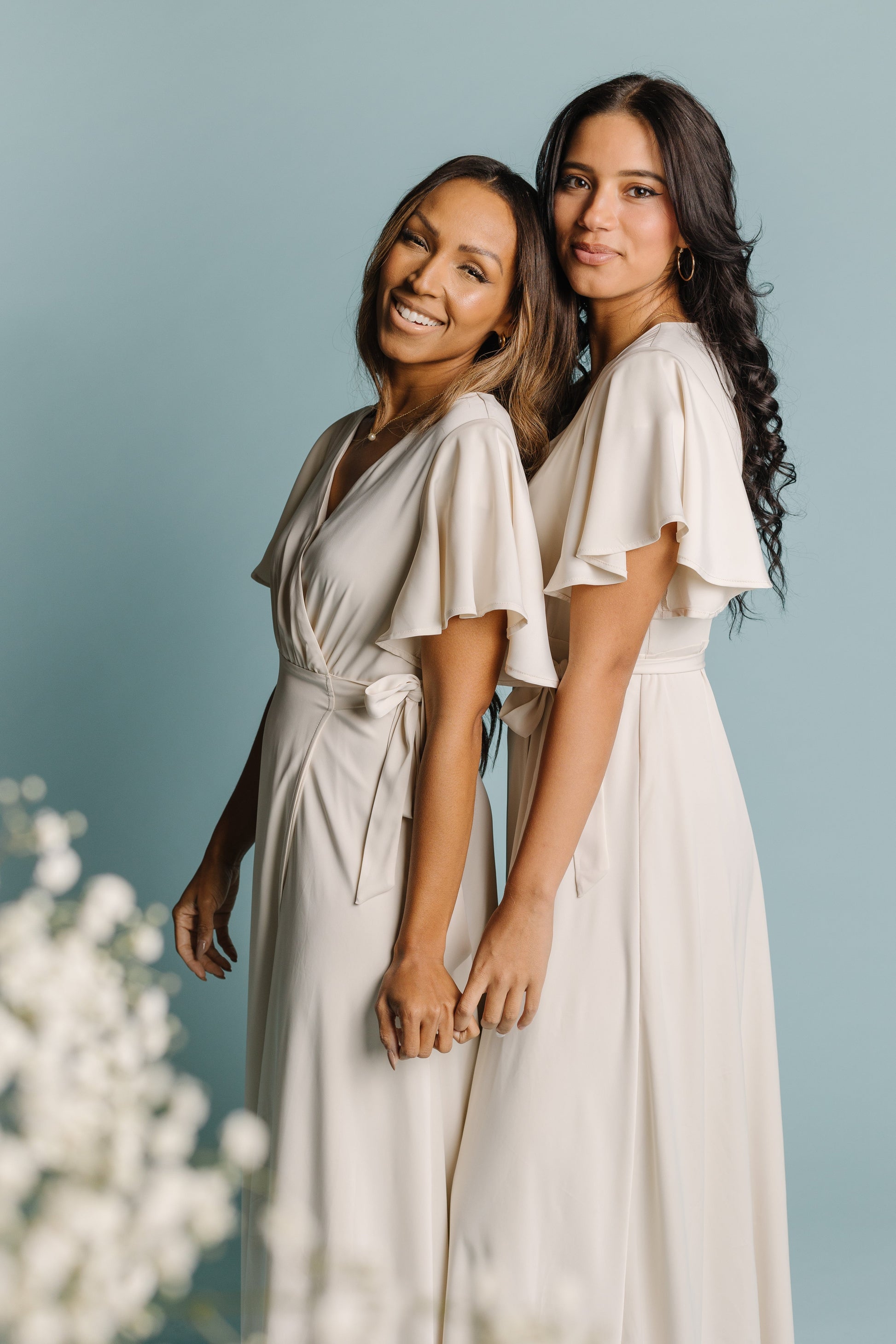 Cream modest bridesmaid dress with flutter sleeves