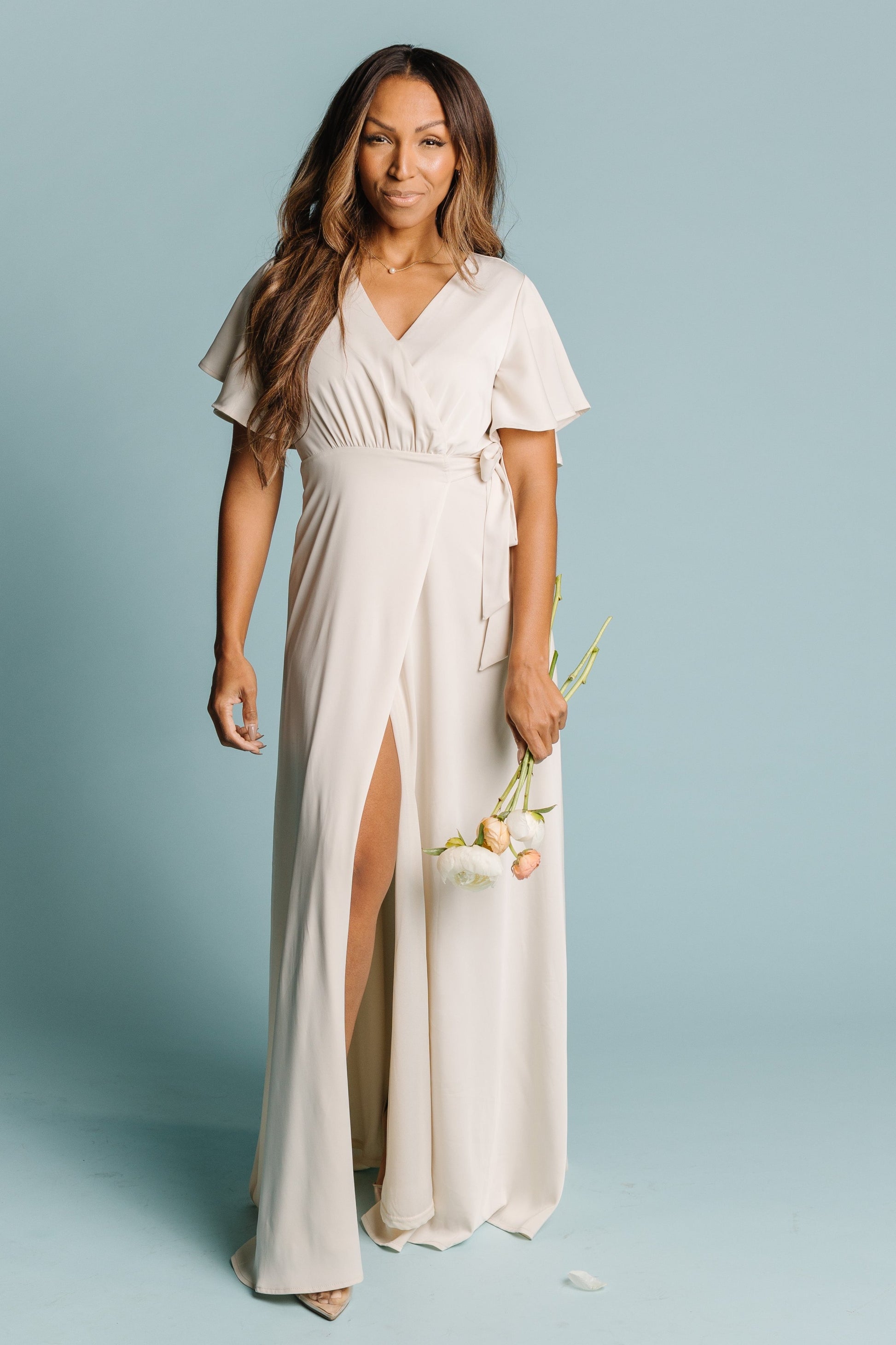 Brass and Roe modest wrap maxi dress in cream