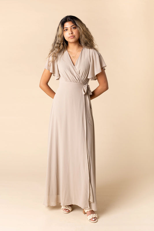 Arbor Naples Flutter Sleeve-Taupe Bridesmaid Dress Cove Taupe XS 
