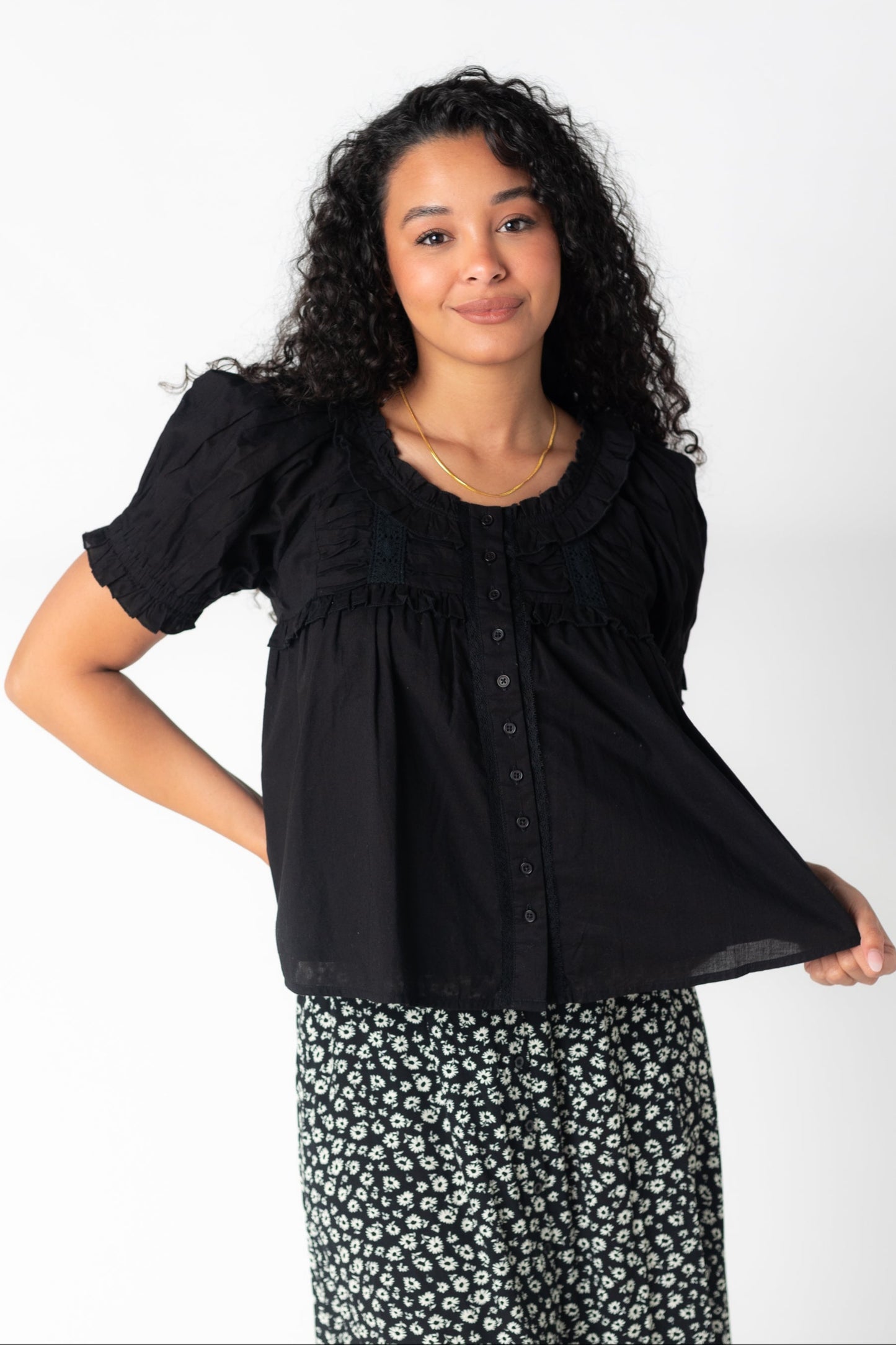 Black button down lightweight woven top