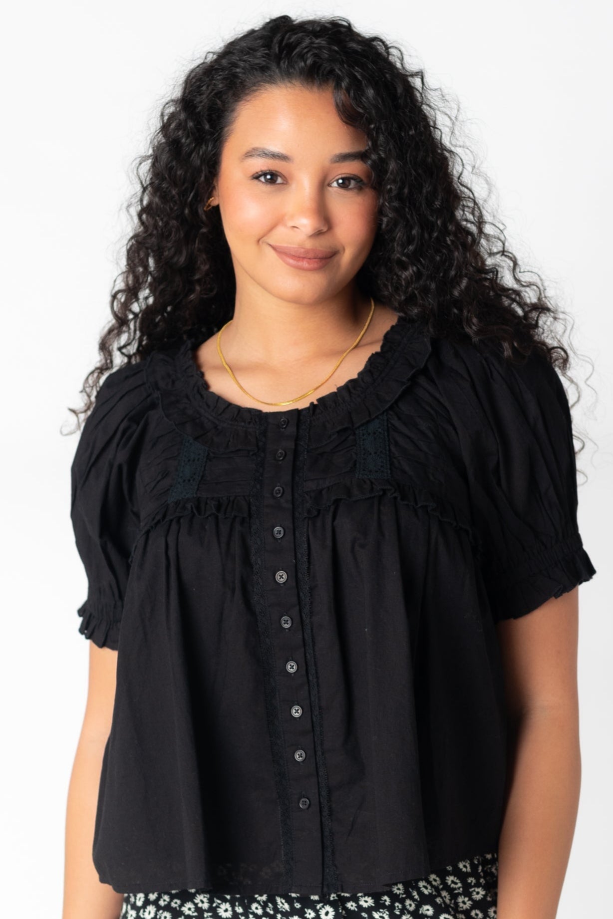 Black lace and ruffle short sleeve top