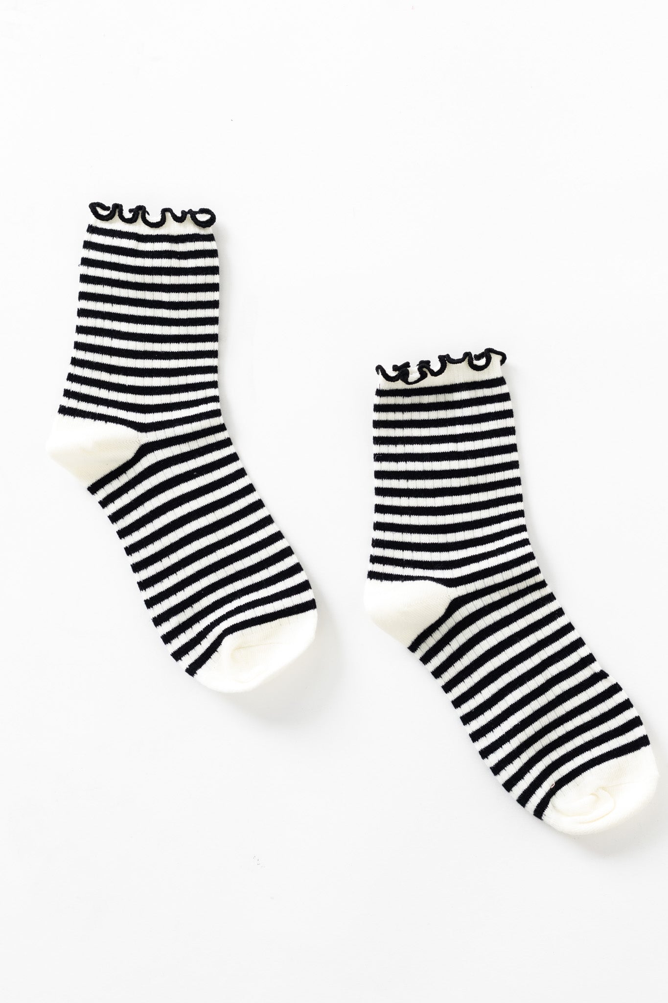 Cove Striped Lettuce Ruffle Quarter Socks for women and teens in black and white stripe