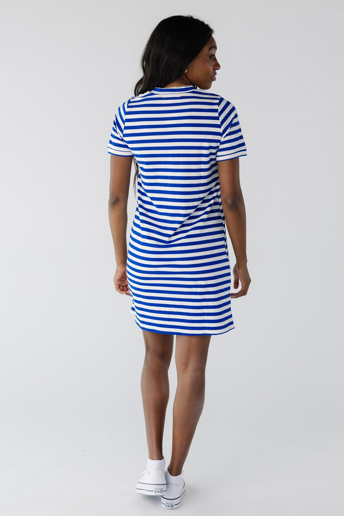 Back view of blue and white stripe t-shirt dress