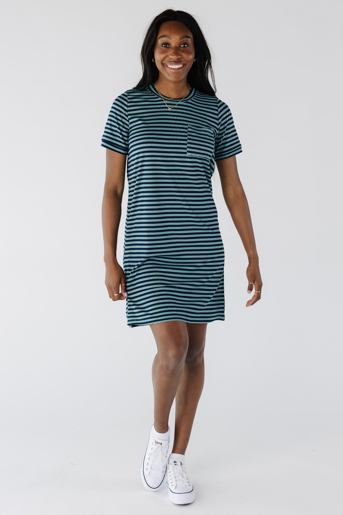 T-shirt dress in blue and navy with short sleeves