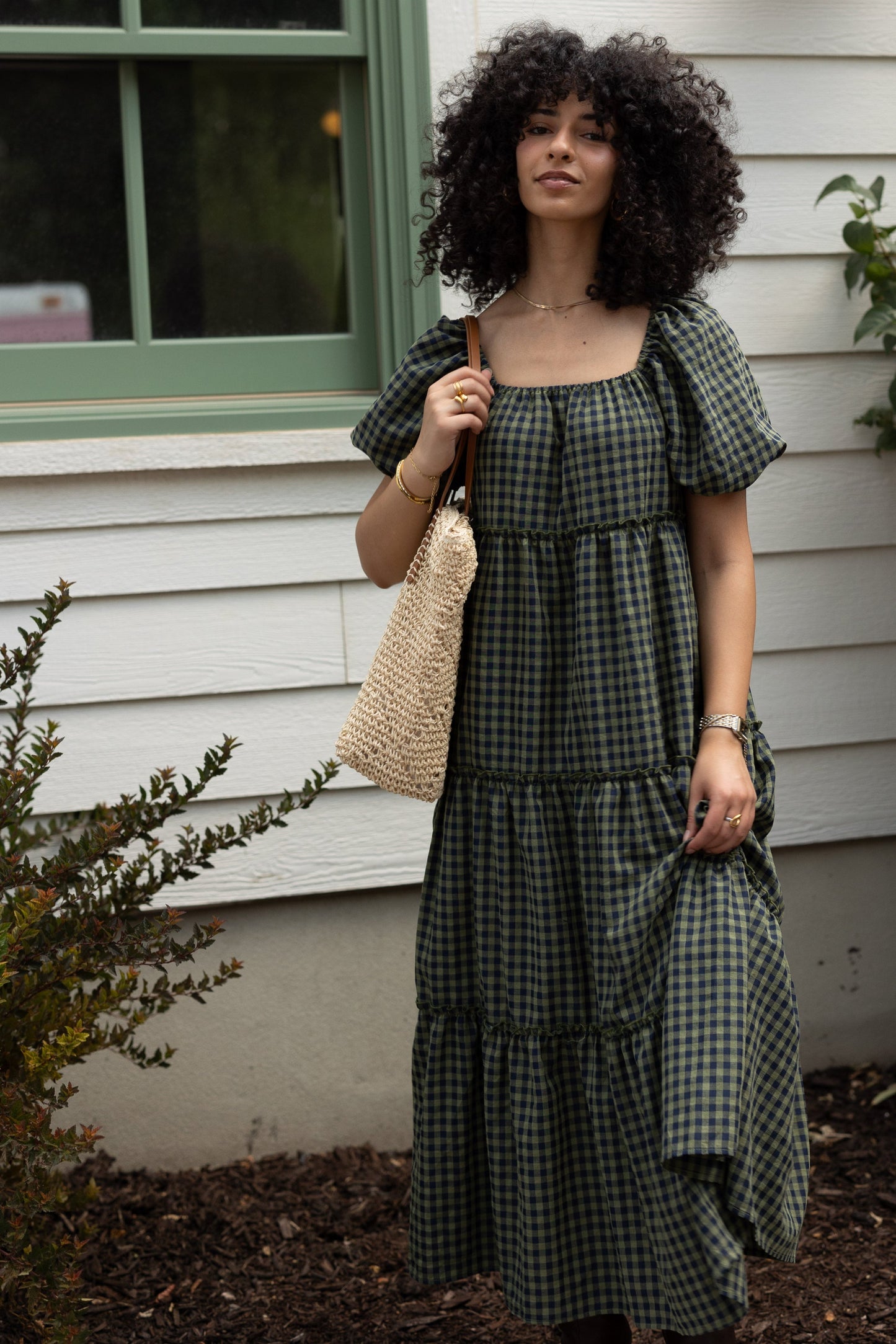 Brass & Roe The Charity Tiered Midi Dress for women and teens in olive and navy gingham