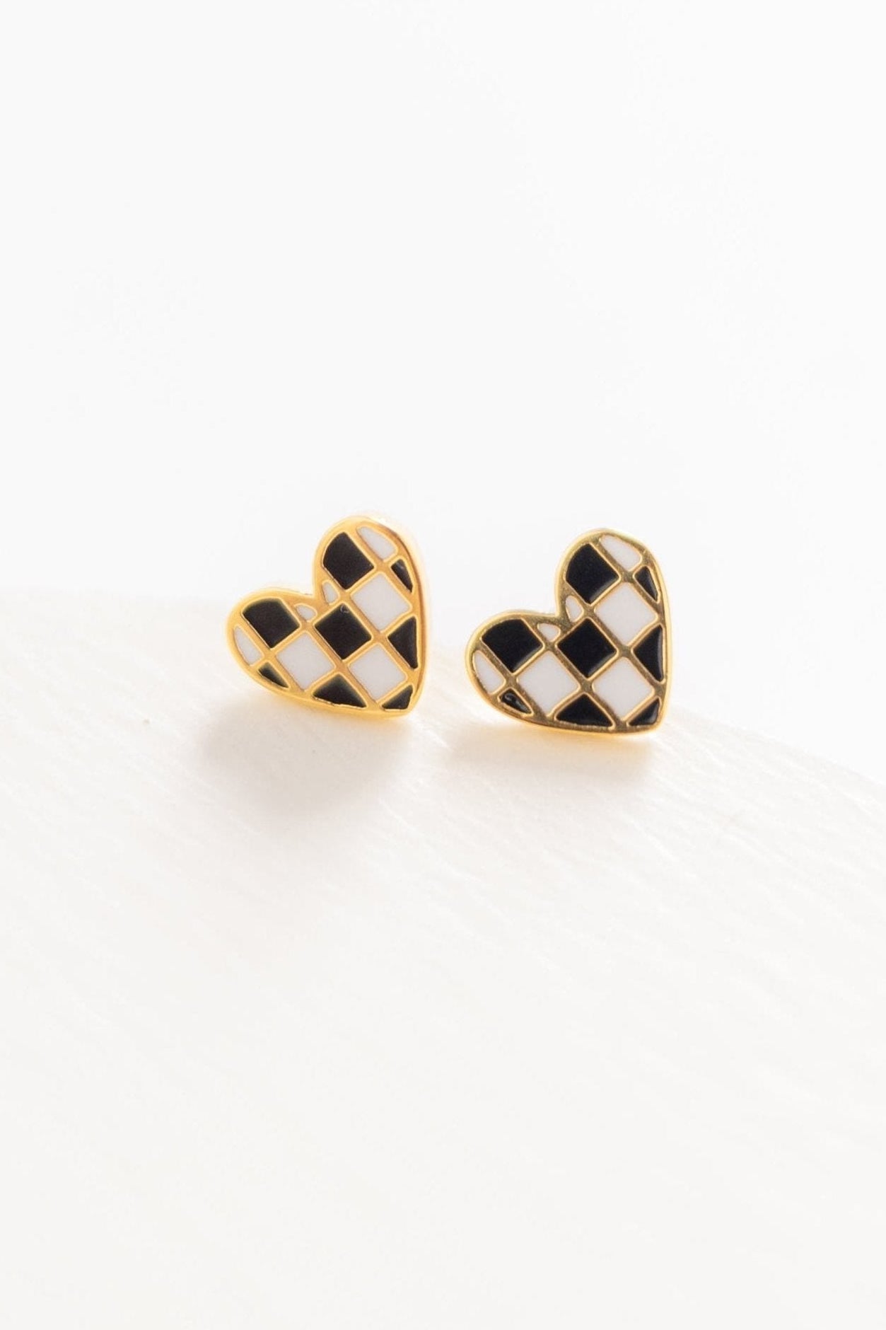 Cove Checker Heart Earring in black and white on 18K gold plated stud earring