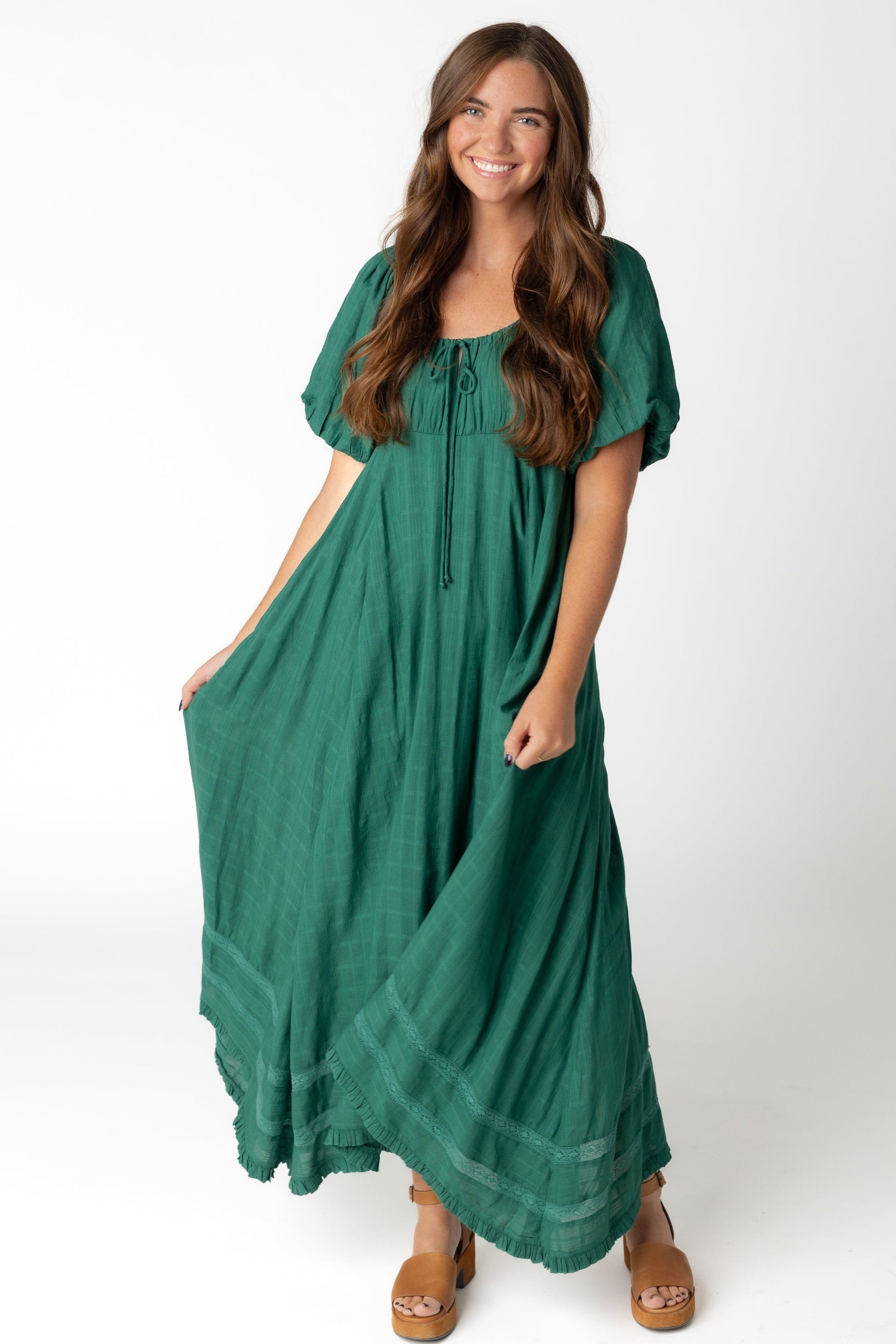 Emerald midi dress for women and teens with scoop neckline with textured stripe details and lace insets at hem