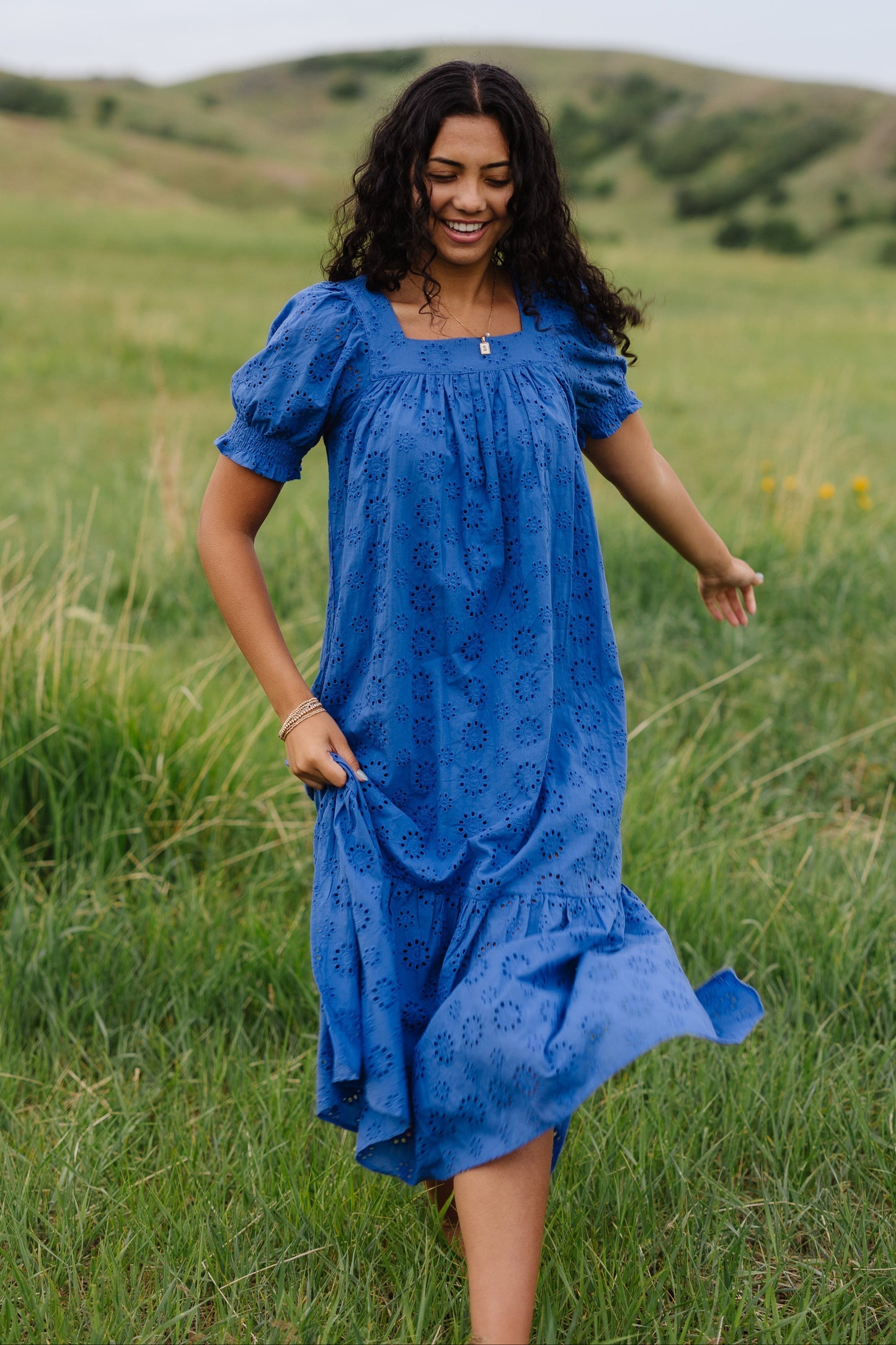 Brass & Roe Tommy Eyelet Midi Dress in blue
