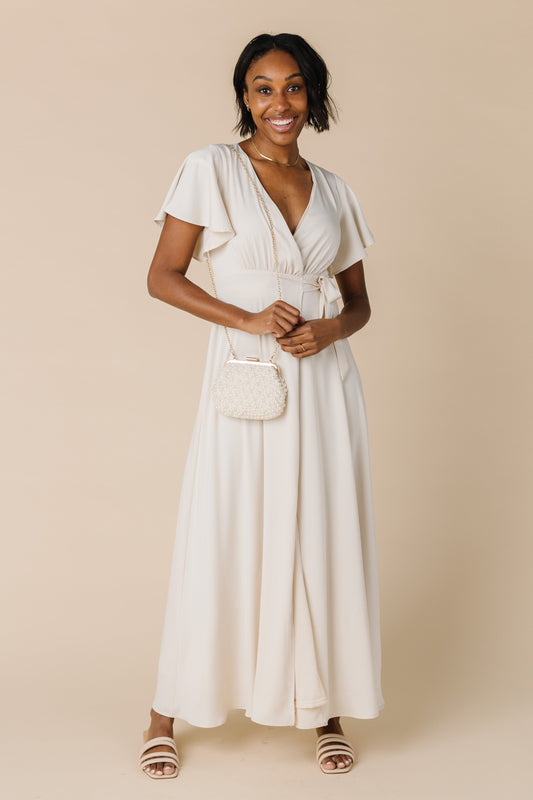 Modest bridesmaid dress of flowing cream chiffon m