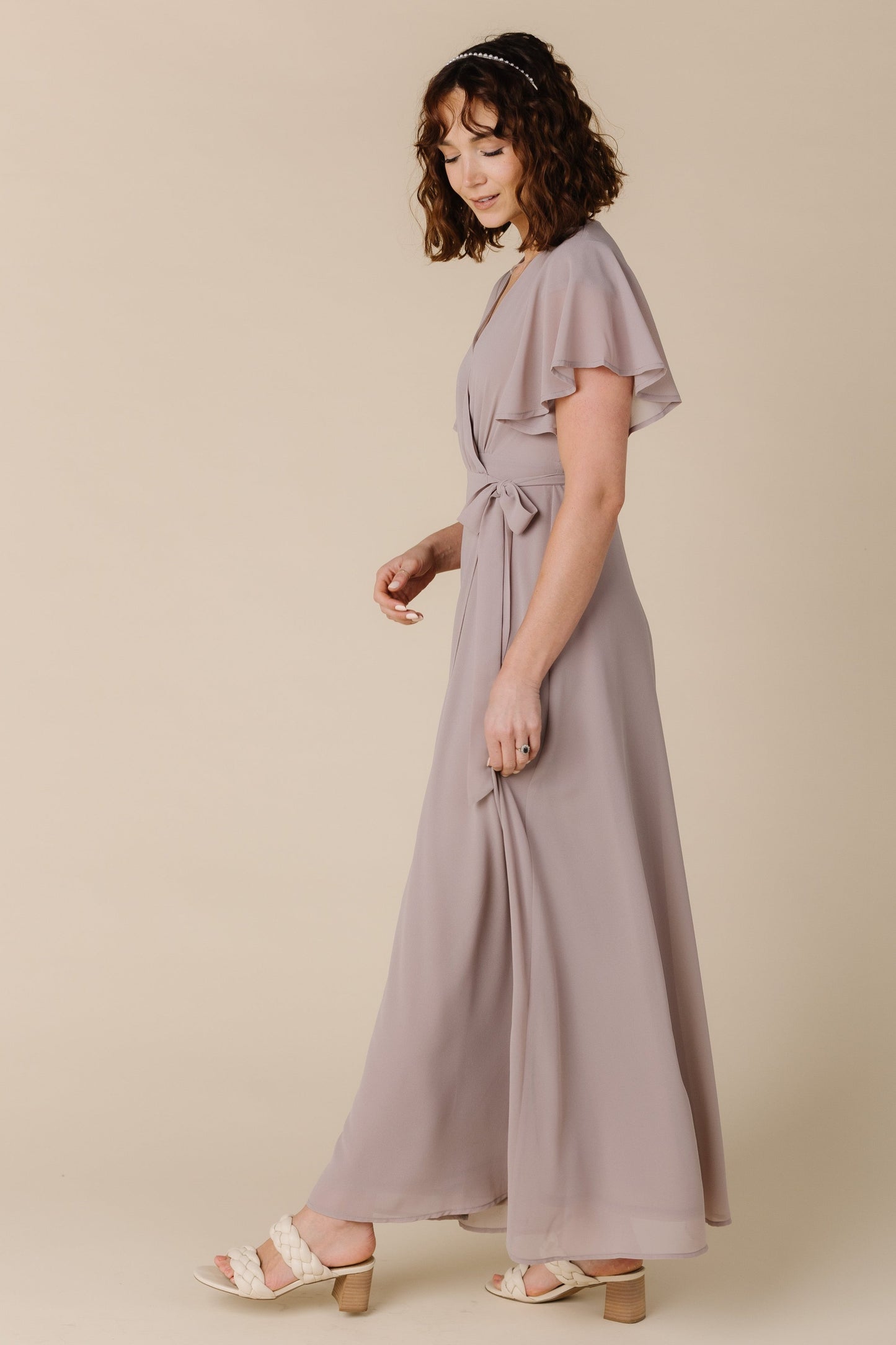 Modest blush taupe bridesmaid maxi dress