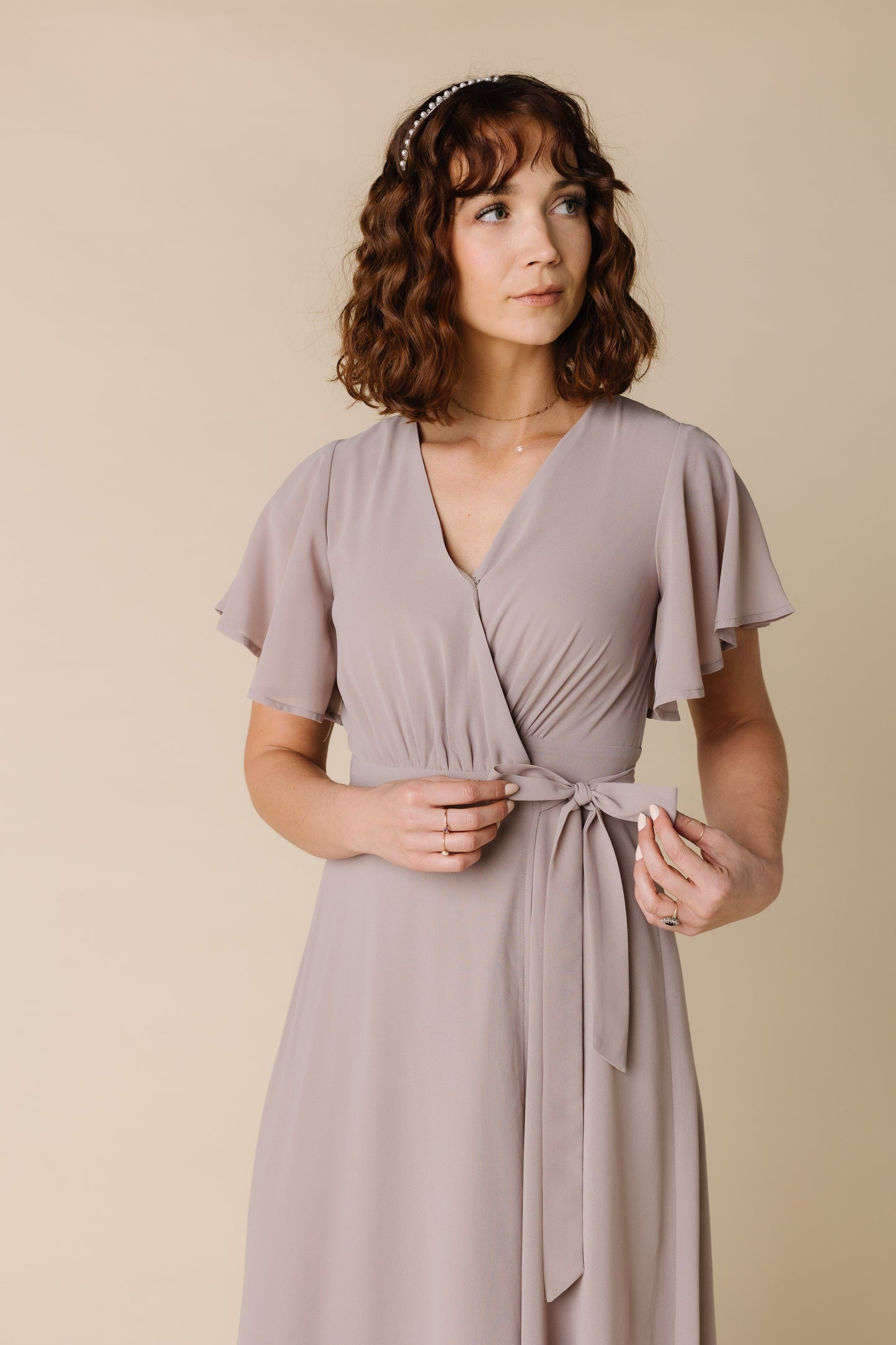 Naples Flutter Sleeve Wrap Maxi - Taupe Bridesmaid Dress Arbor 