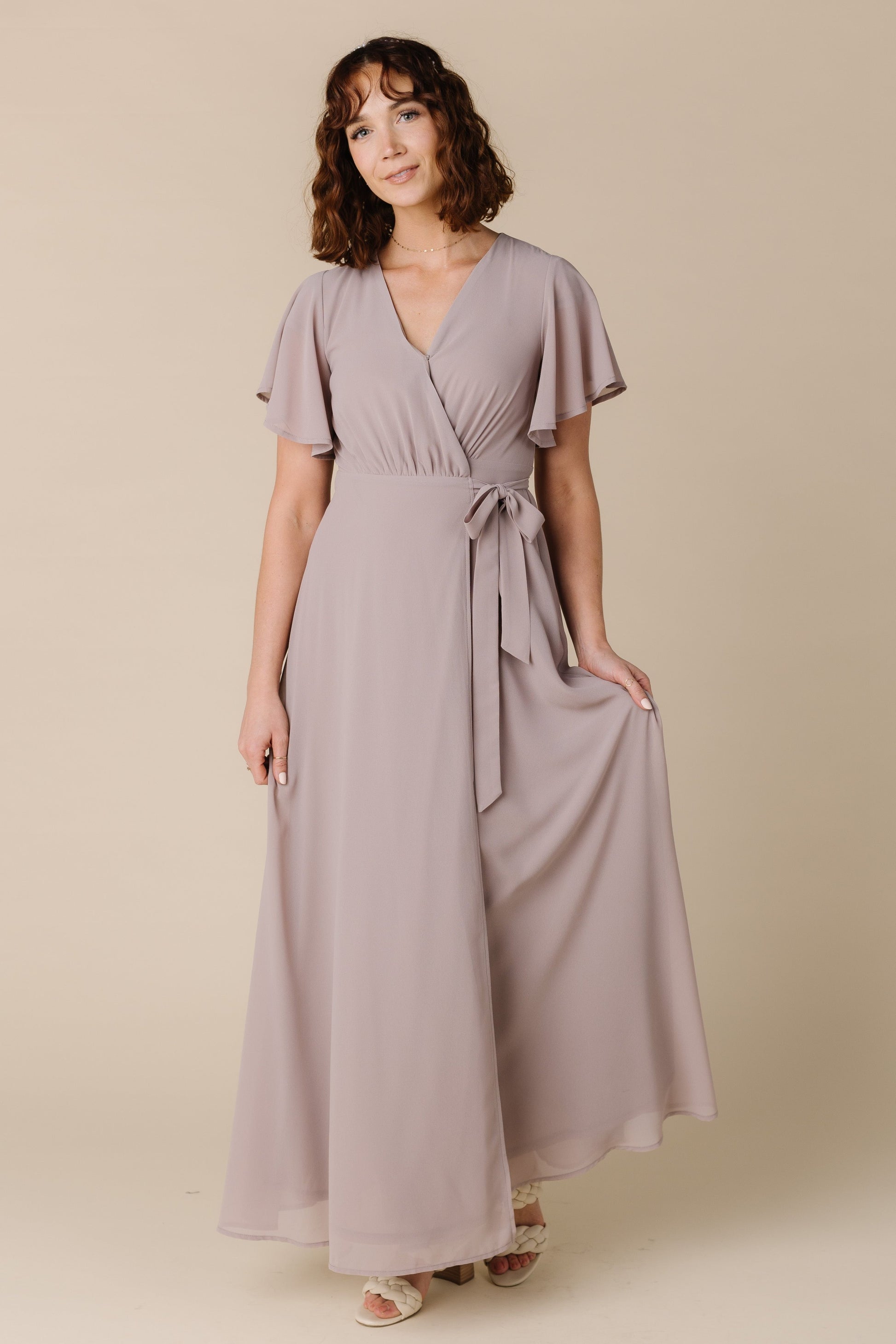 Taupe wrap modest bridesmaid dress with short flutter sleeves