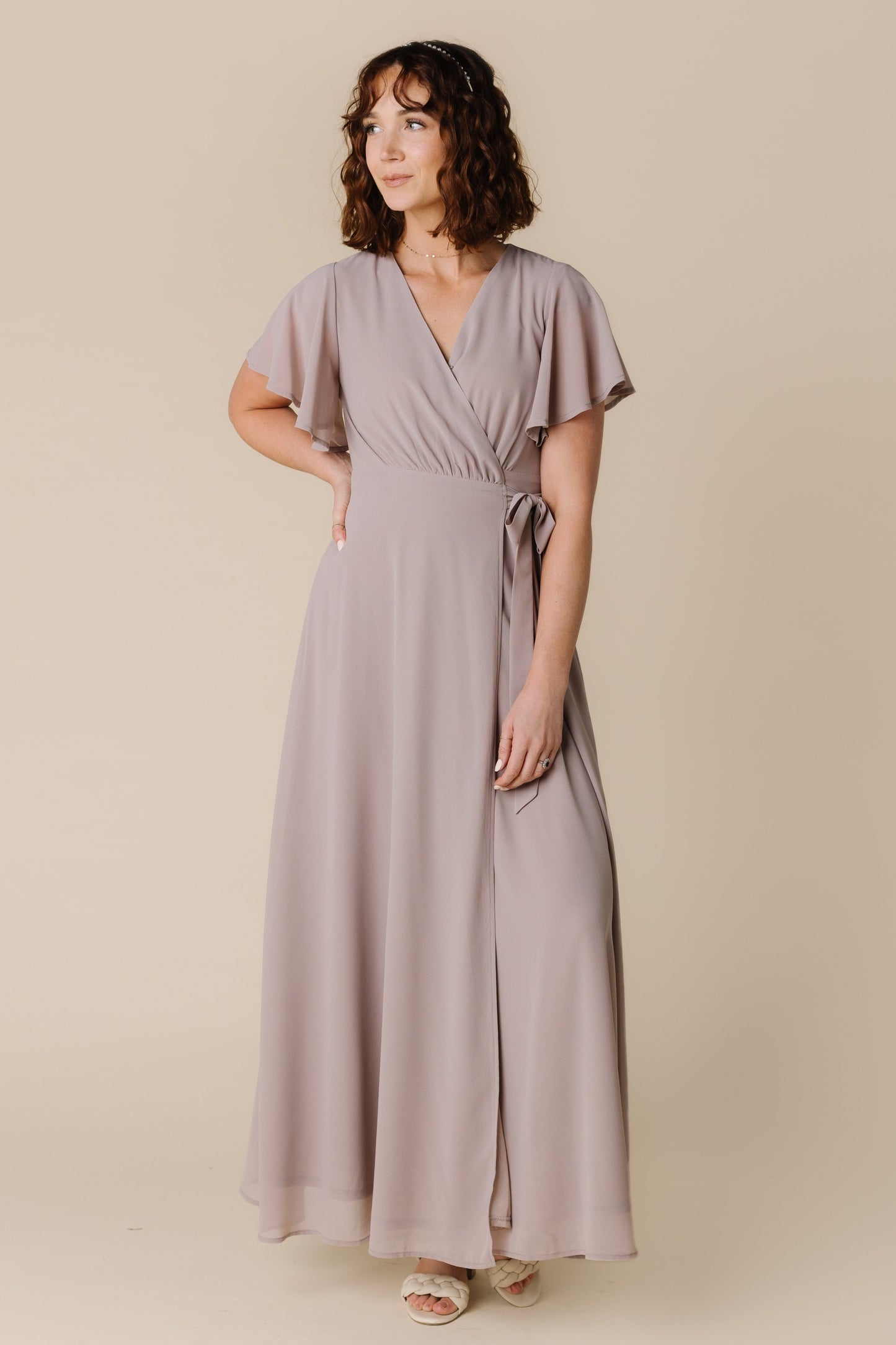 Modest taupe chiffon bridesmaid dress with short sleeves