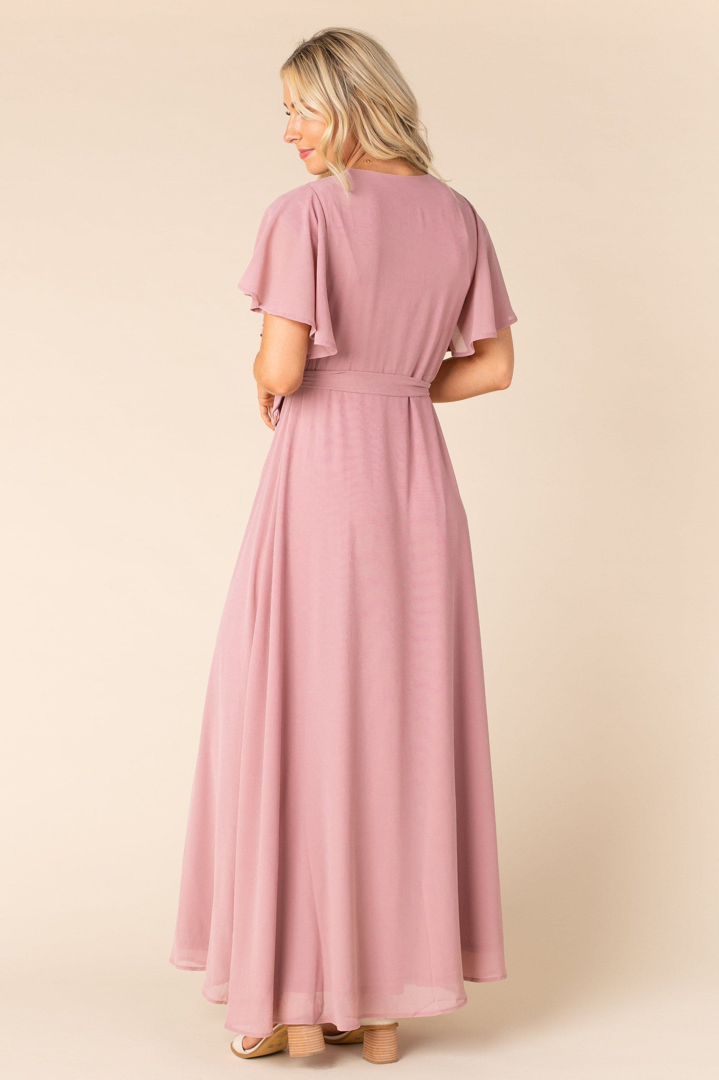 Back view of rose flutter sleeve maxi dress