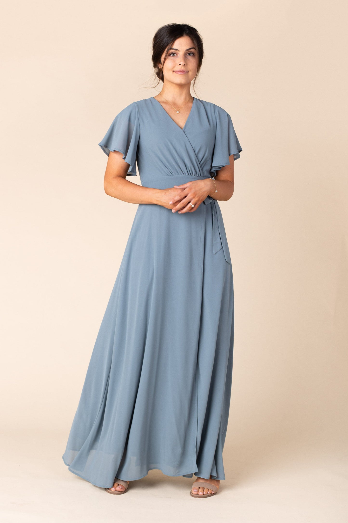 Modest dusty blue bridesmaid maxi dress