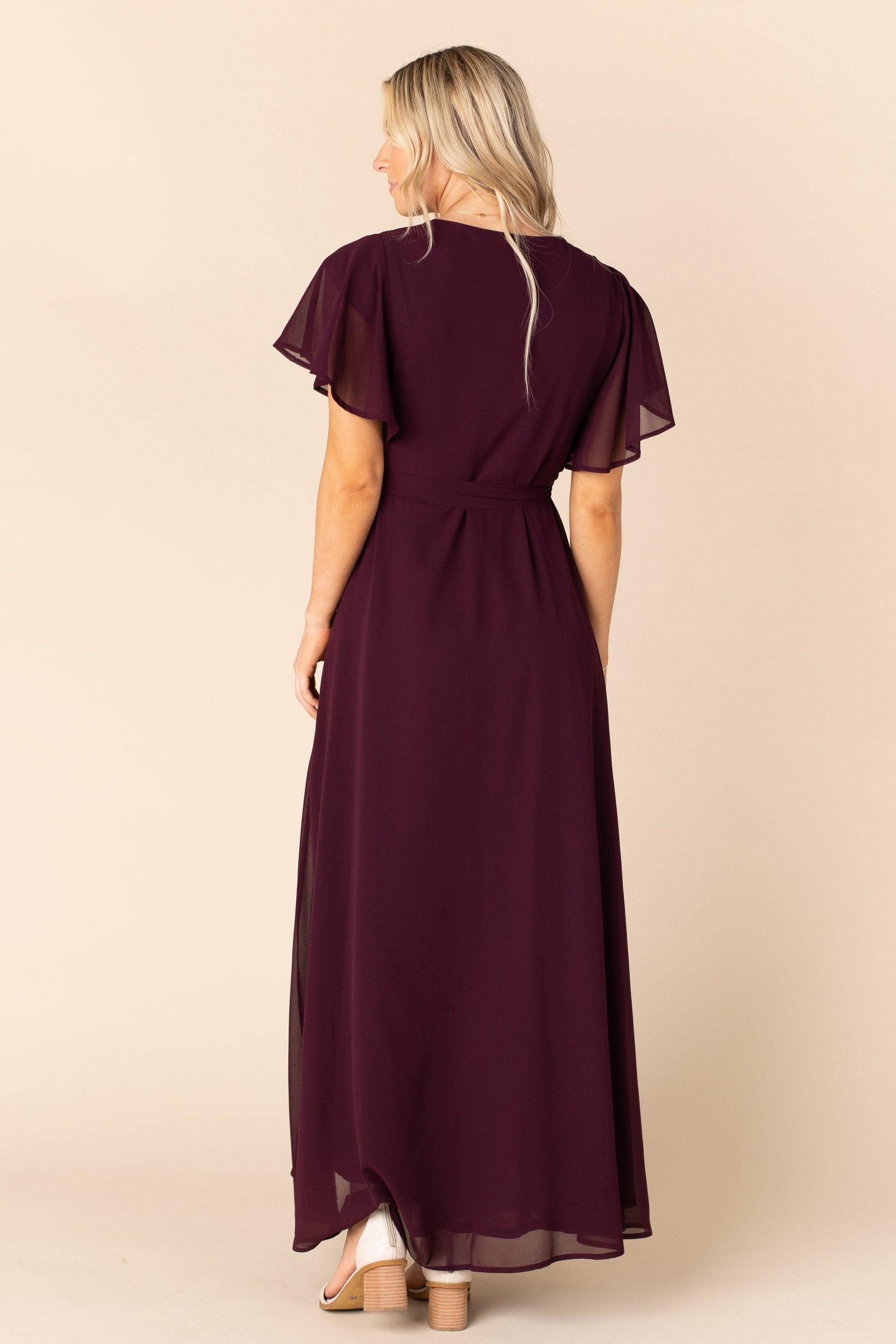 Back view of wine chiffon maxi bridesmaid dress with flutter sleeves