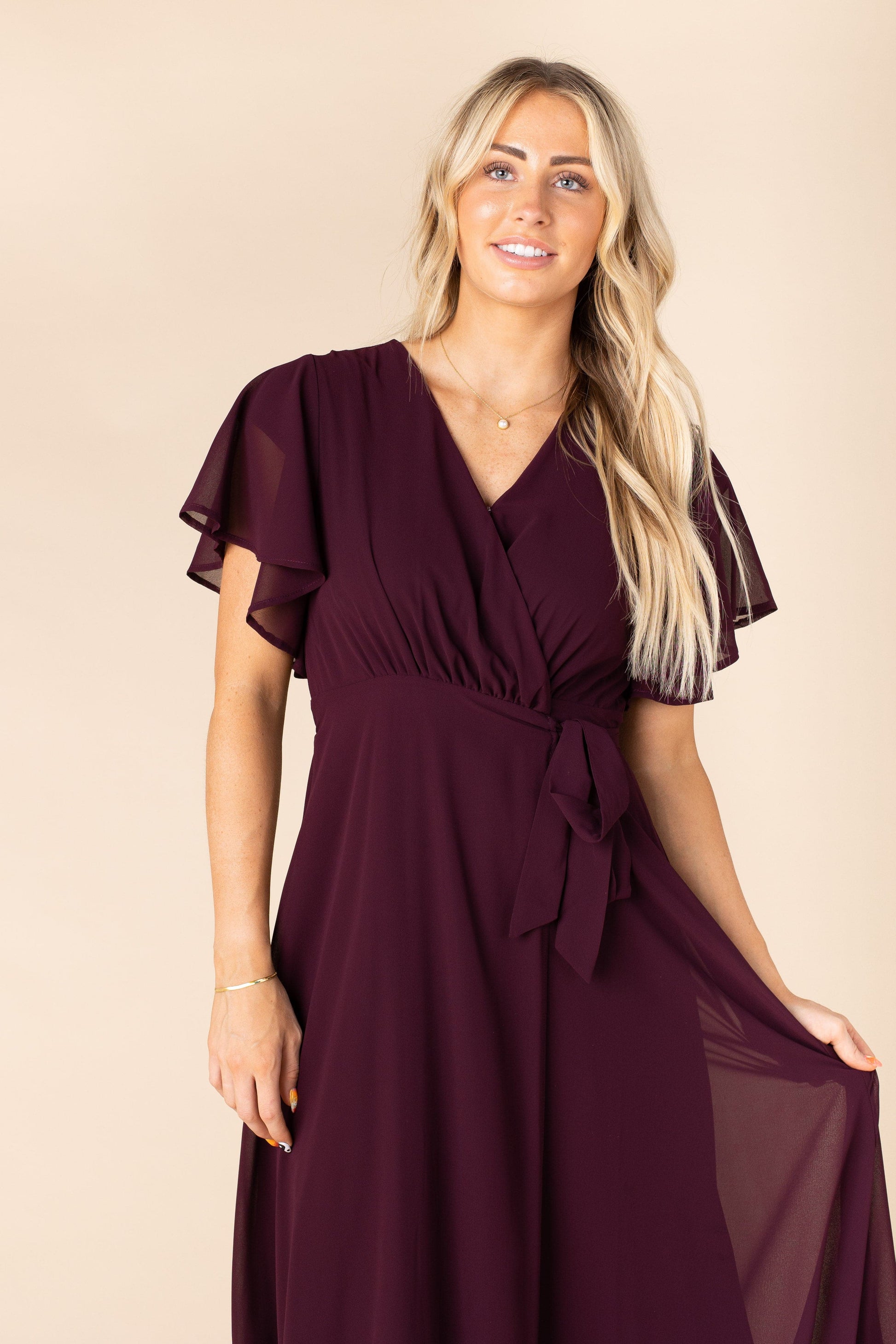 Naples Flutter Sleeve Wrap Maxi - Wine Bridesmaid Dress Arbor 