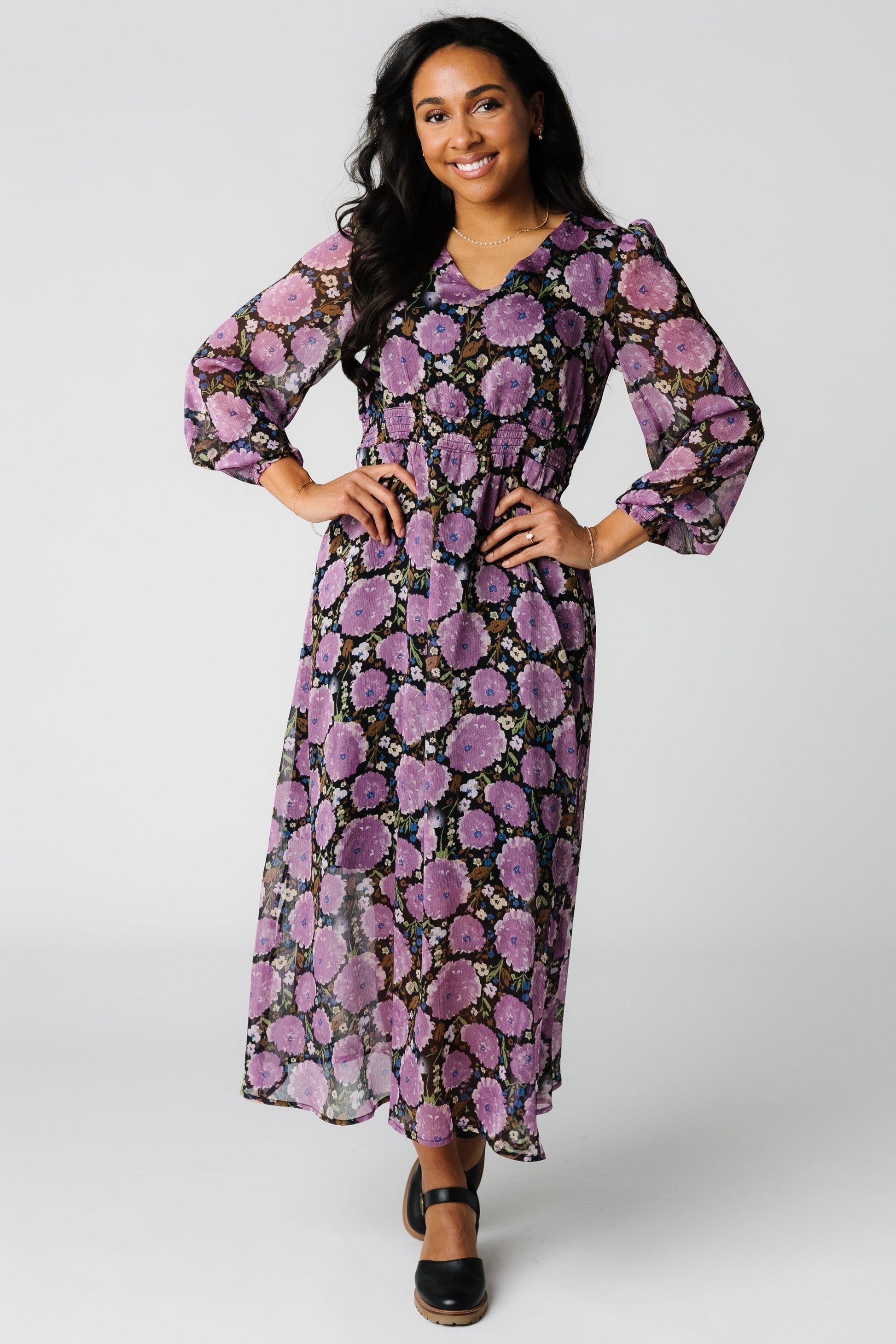 Purple print chiffon midi dress with long sleeves by Brass & Roe