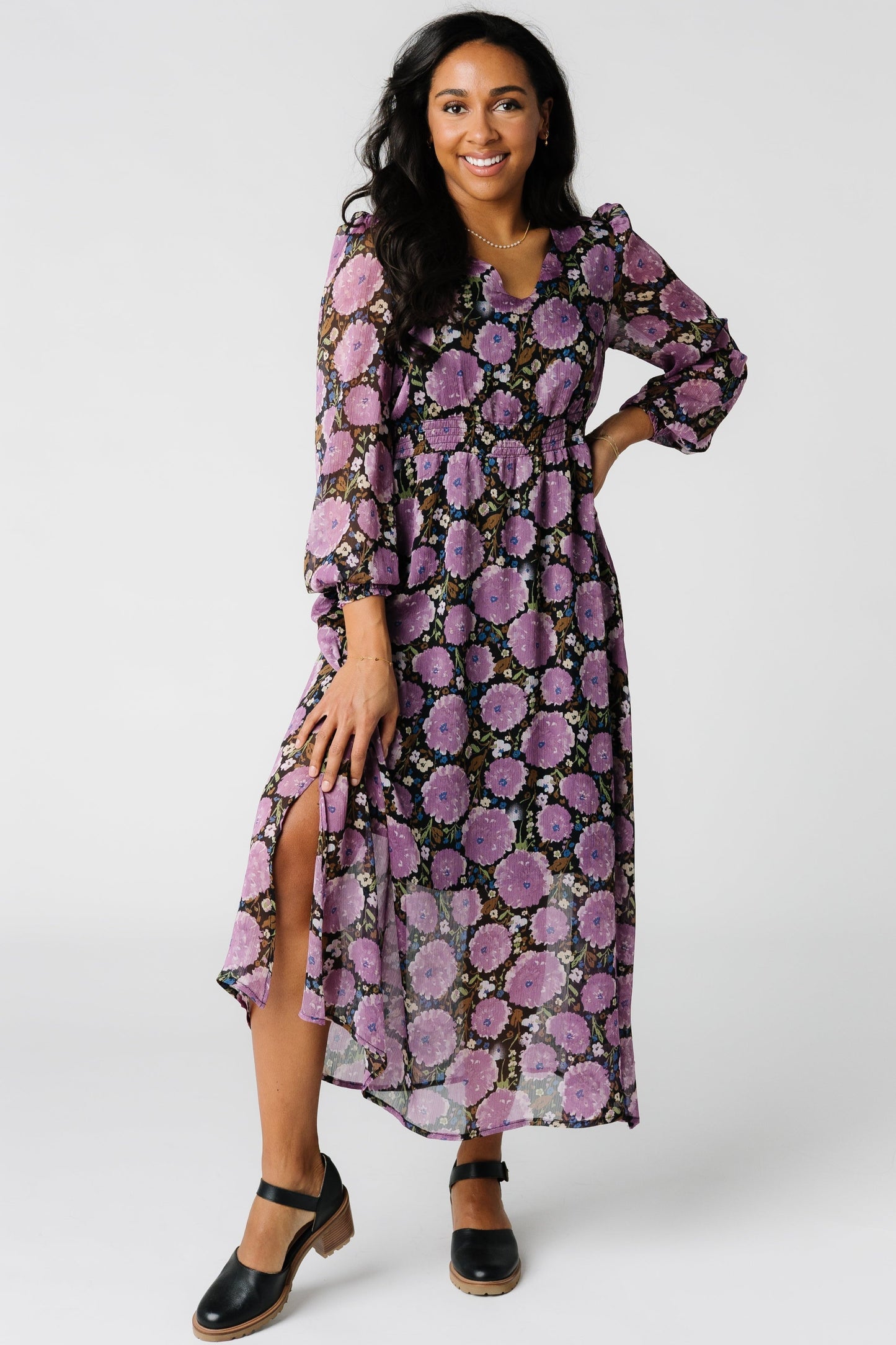 Brass & Roe chiffon print dress with v-neckline