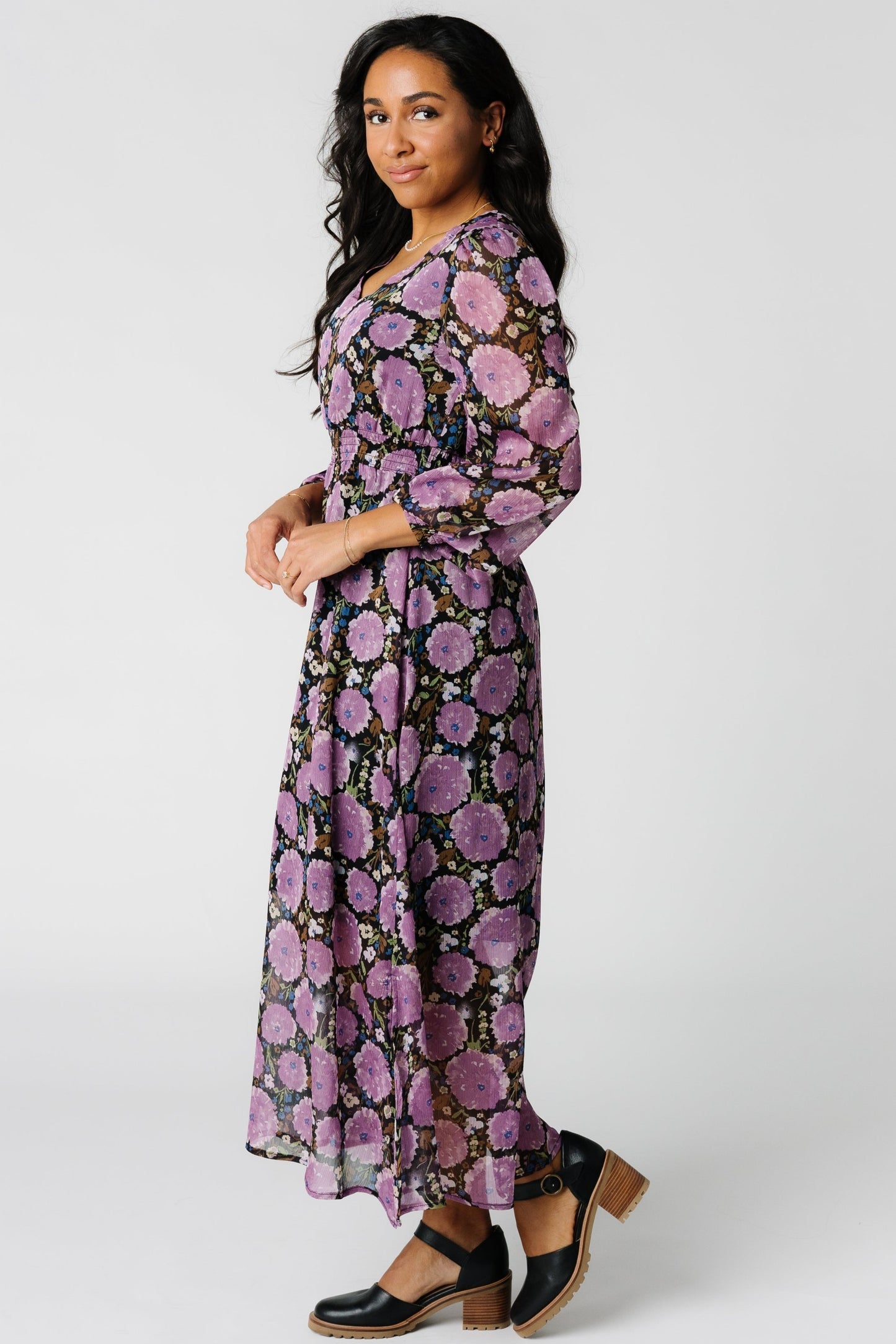 Side view of modest purple chiffon print midi  dress