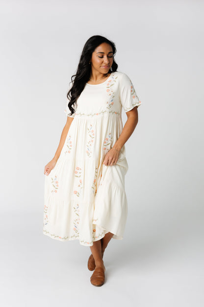 Embroidered modest midi dress in cream