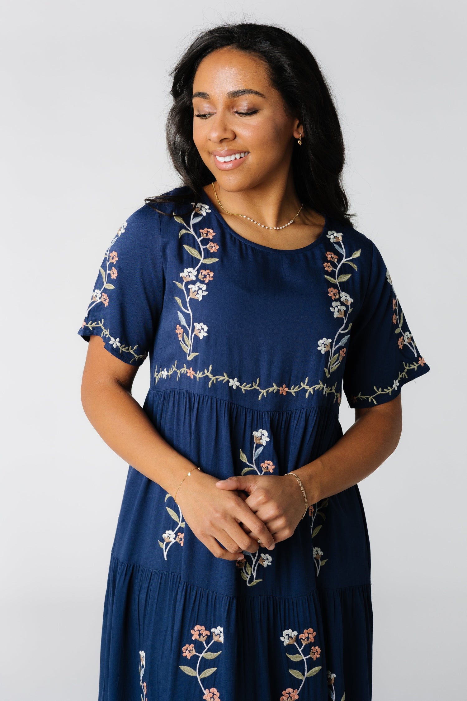 Embroidered midi dress with modest round neckline