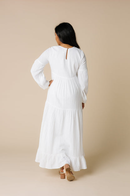 Back view of all white maxi dress