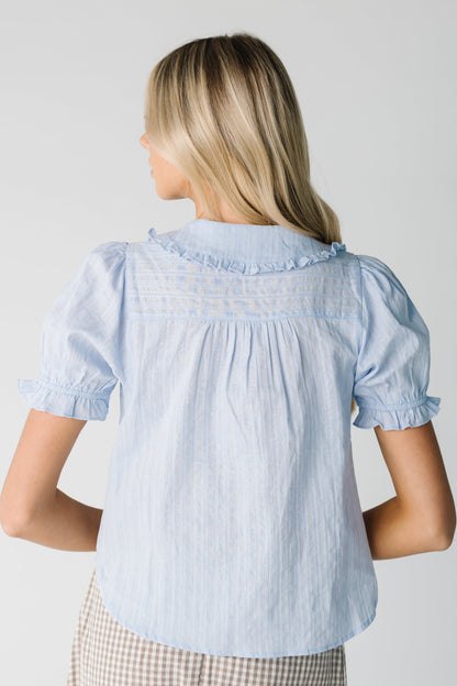 Back view of short sleeve light blue top