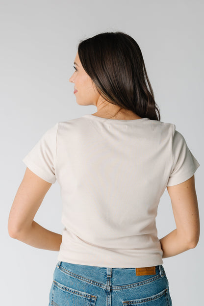 Back view of short sleeve tee in oyster tan