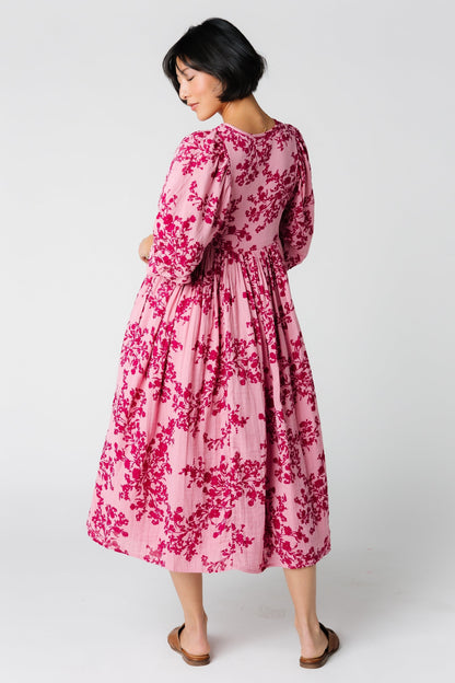 Loose fitting pink print dress with very full skirt