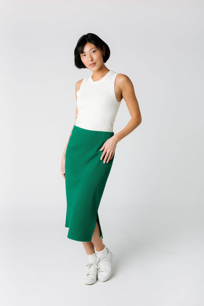 Green ribbed close fit midi skirt