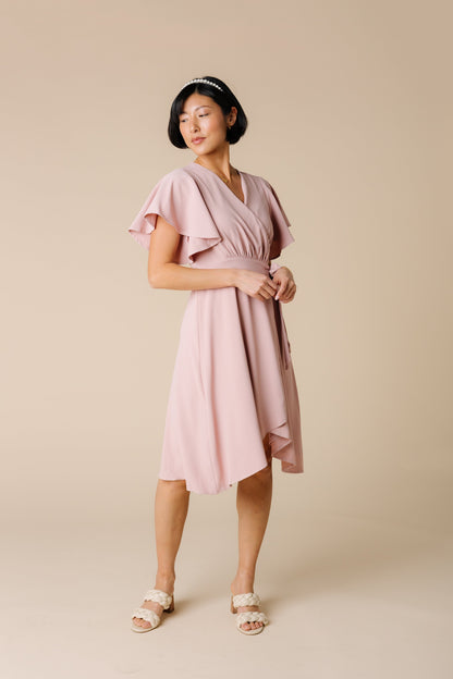 Daphne dusty pink wrap dress with flutter sleeves