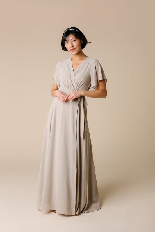 Modest bridesmaid dress flowing chiffon maxi