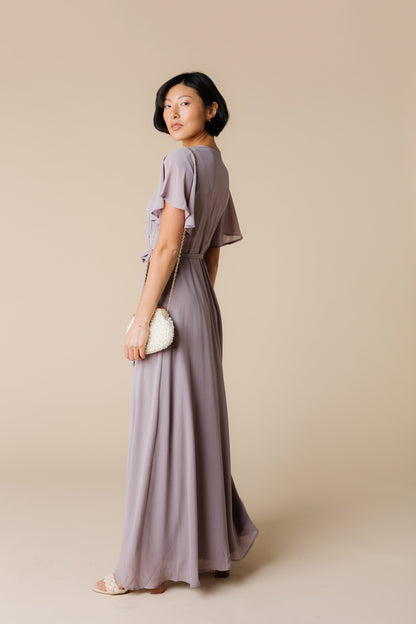 Brass and Roe Naples light mauve modest wrap maxi bridesmaid dress