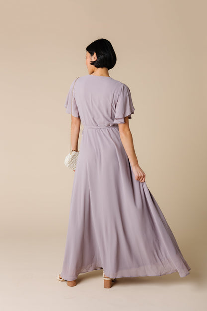 Back view of light mauve  chiffon maxi bridesmaid dress