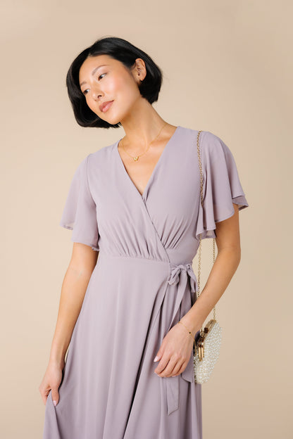 Modest light mauve bridesmaid dress with short flutter sleeves