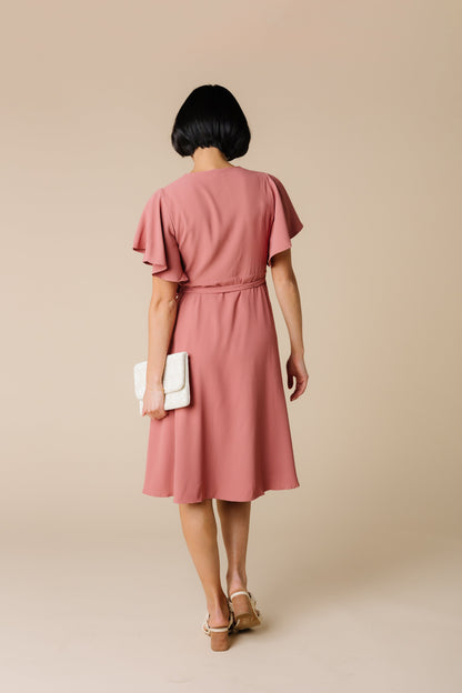 Back view of rose bridesmaid dress with flutter sleeves