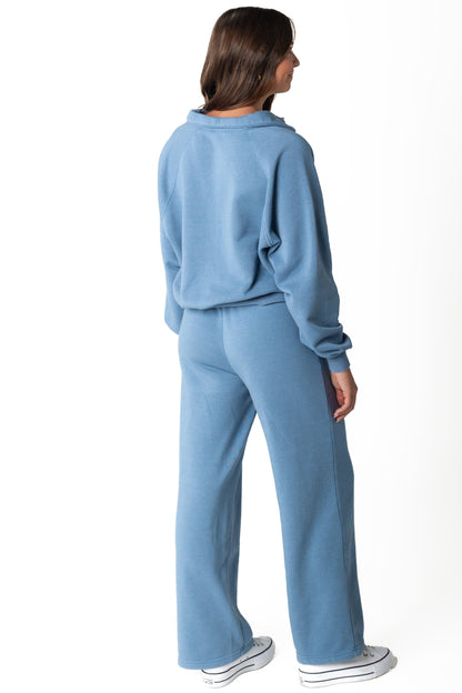 Back view of long sleeve sweat set and wide leg pant