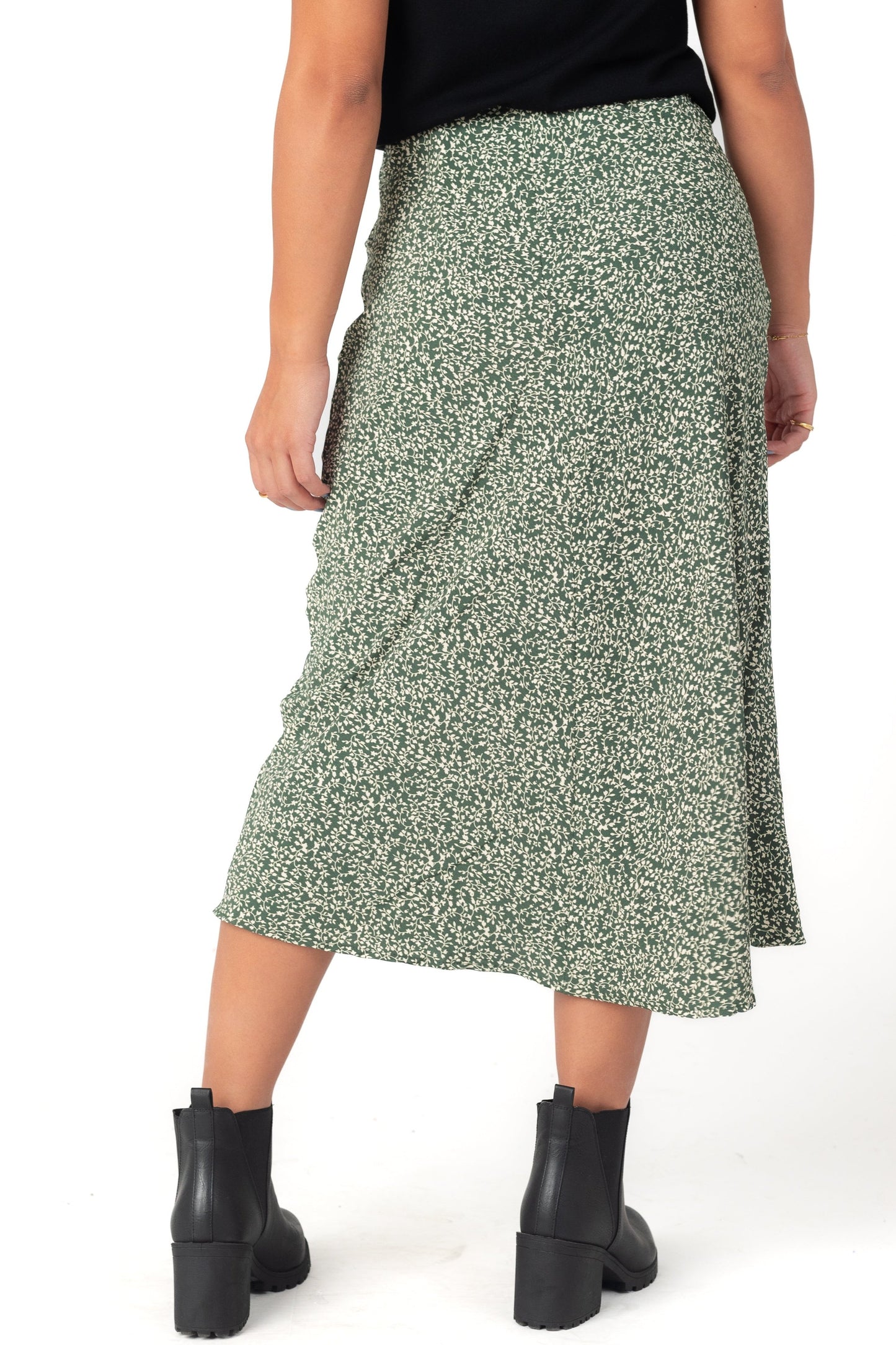 Back view A-line midi skirt in green and white floral print