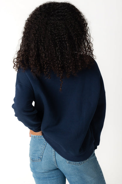 Back view of navy long sleeve sweatshirt