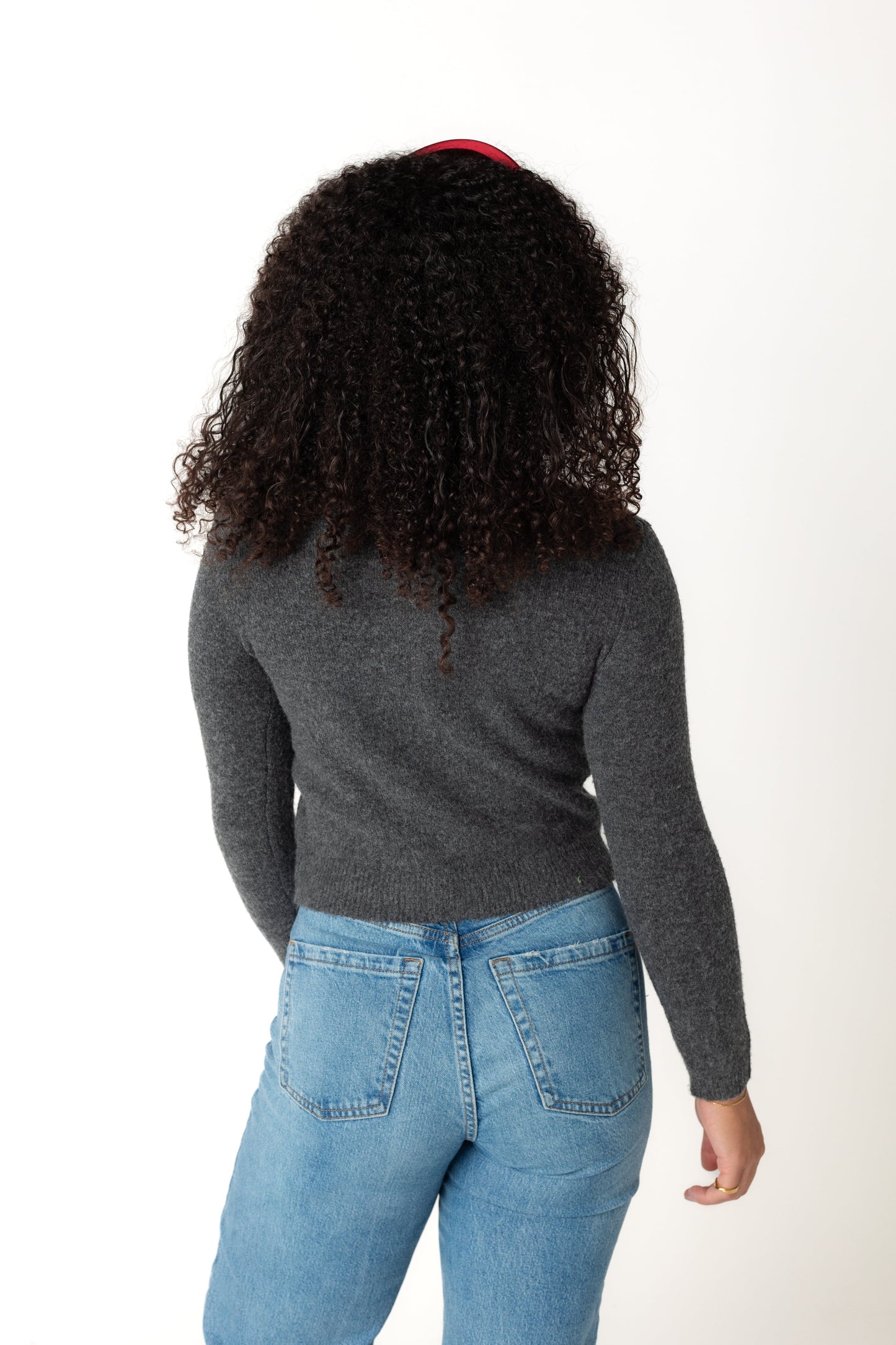 Back view of charcoal long sleeve cardigan