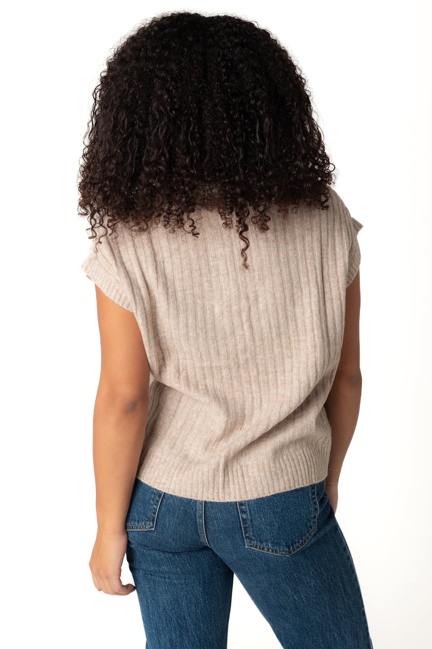 Back view of short sleeve sweater in oatmeal