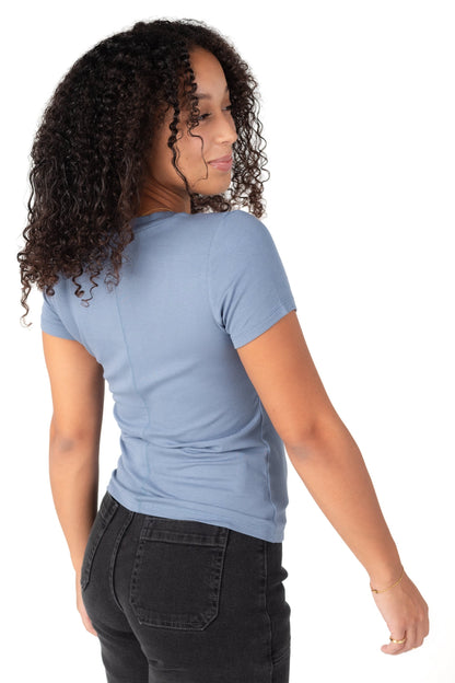 Back view of short sleeve slate blue tee