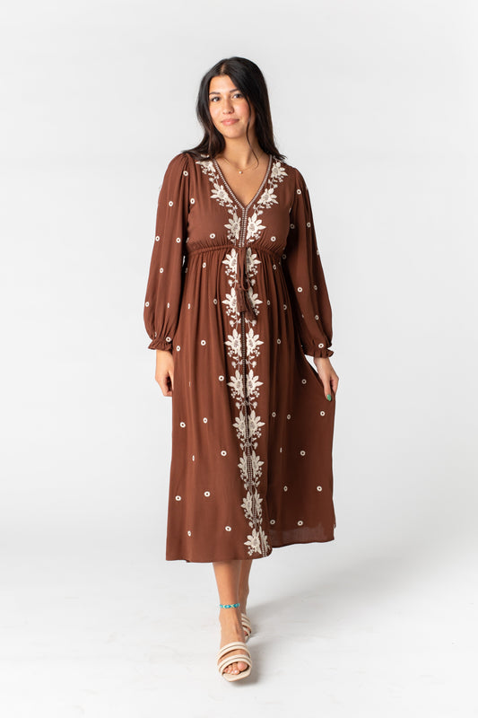 Fable Embroidered Midi Dress Mocha L WOMEN'S DRESS In-Loom 