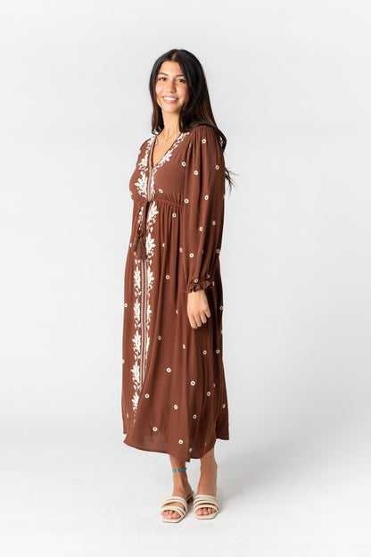 Fable Embroidered Midi Dress Mocha L WOMEN'S DRESS In-Loom 