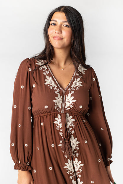 Fable Embroidered Midi Dress Mocha M WOMEN'S DRESS In-Loom 