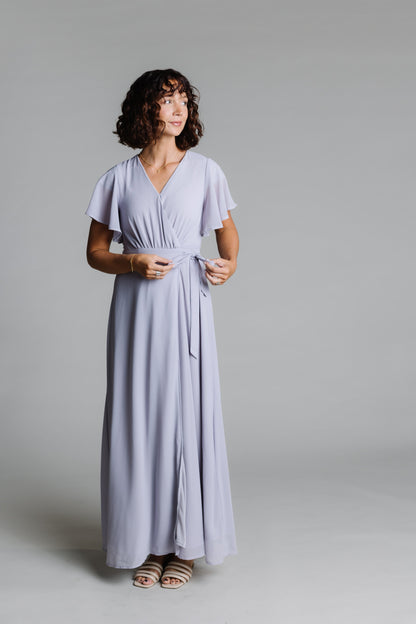 Lavender wrap maxi bridesmaid dress