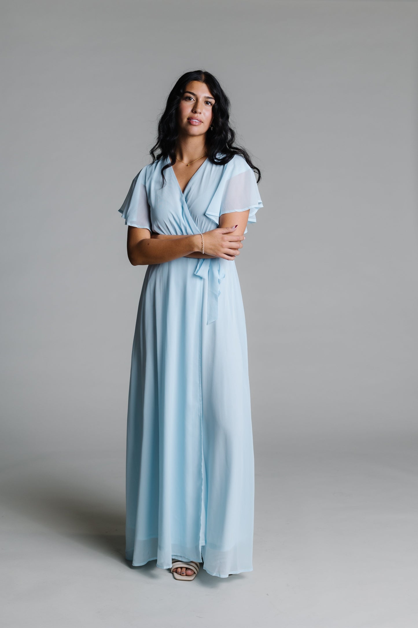 Naples Flutter Sleeve Wrap Maxi - Lt Blue Bridesmaid Dress Brass & Roe 