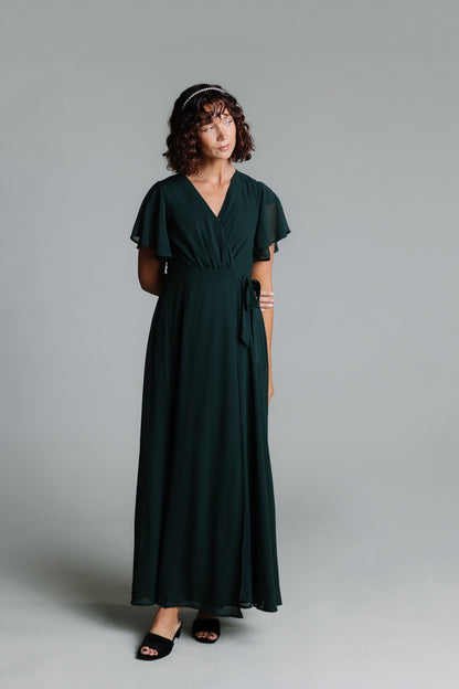 Forest green modest bridesmaid wrap maxi dress