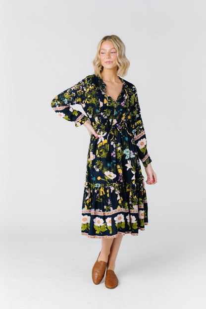 Navy floral print midi with boarder print  and long sleeves